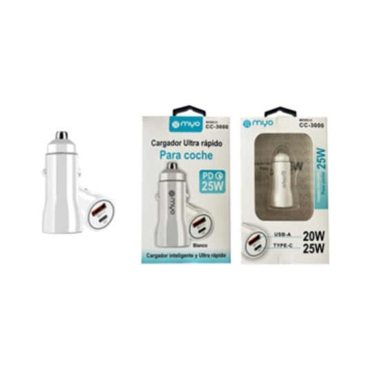 Cargador coche USB+tipo C 3A 18W